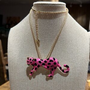 Betsey Johnson Pink and Black Enamel Leopard Pendant and Brooch Necklace